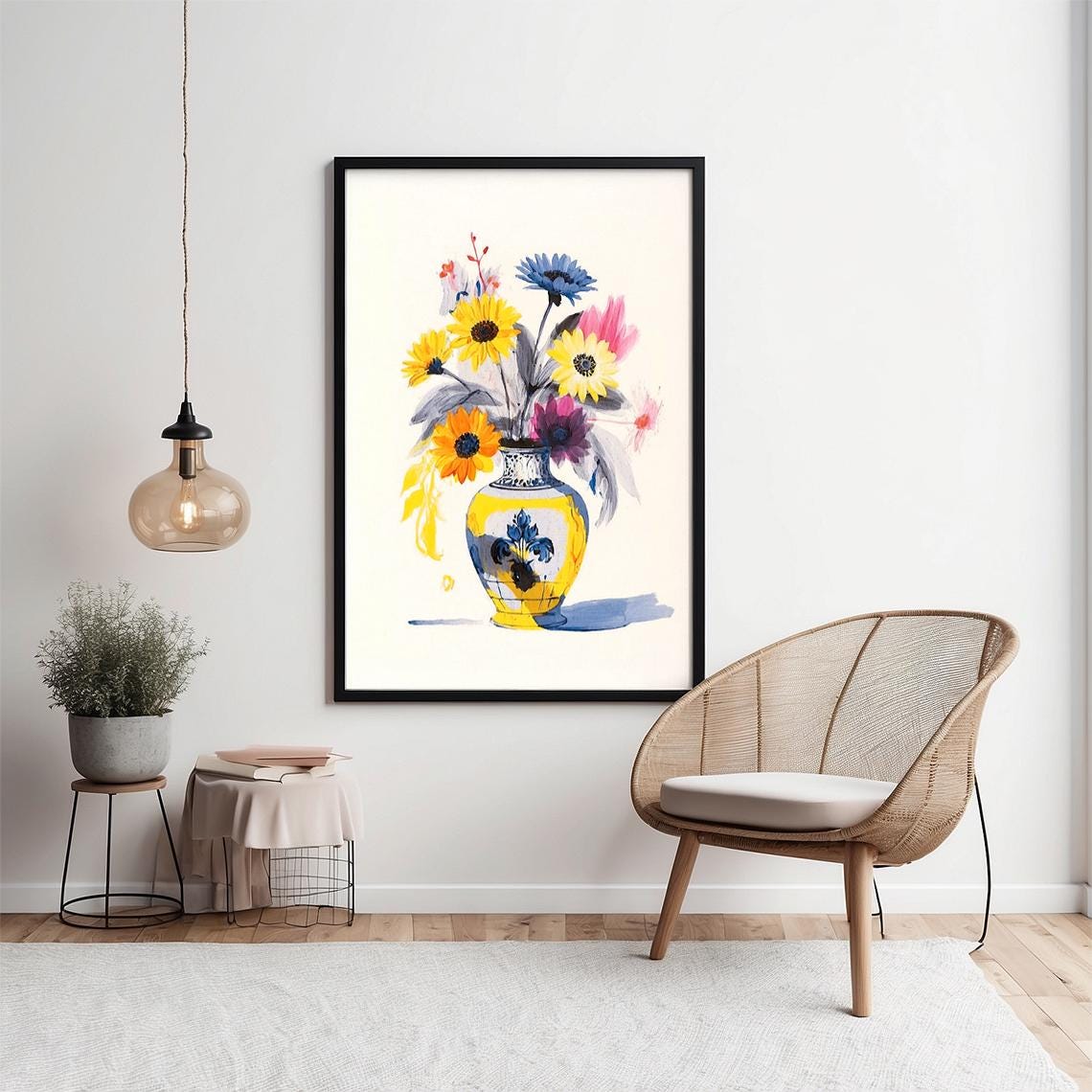 Sunflowers And Wildflowers In Decorated Ceramic Vase Art Poster