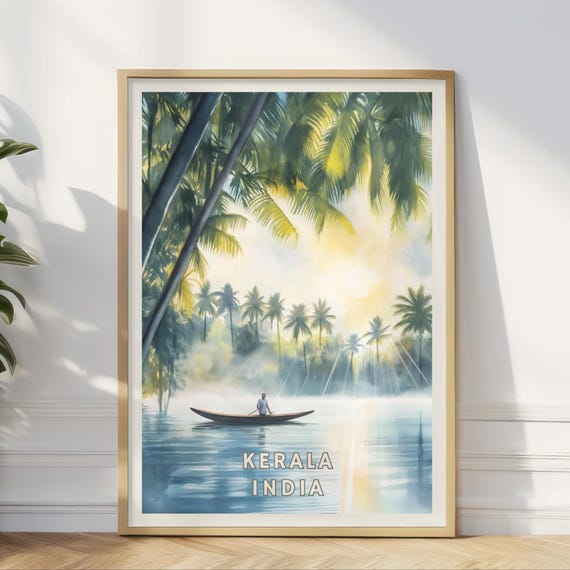 Kerala India Poster Tropical Backwaters Print River Boat Wall Art Palm Tree Landscape Decor South Asia Travel Artwork Nature Print