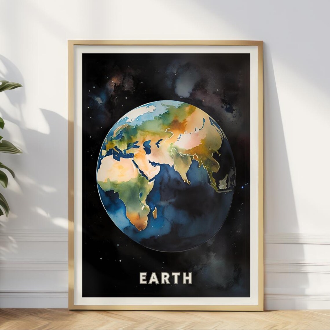 Planet Earth Watercolor View From Deep Space Starry Sky Print