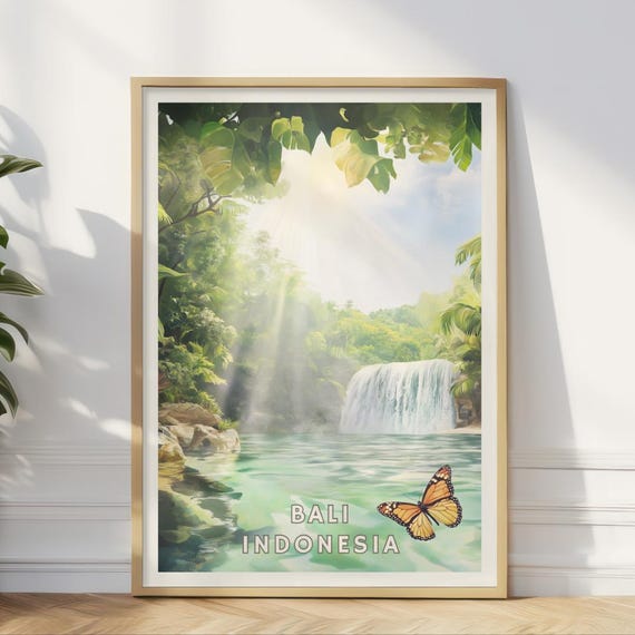 Bali Waterfall Poster Tropical Jungle Wall Art Indonesia Travel Print Lush Rainforest Decor Nature Landscape Home Office Or Living Room