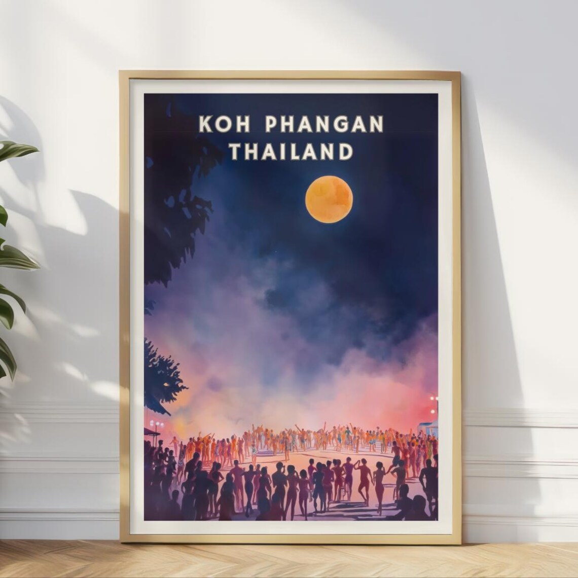 Koh Phangan Thailand Poster Full Moon Party Print Beach Festival Night Art Southeast Asia Travel Decor Tropical Island Illustration