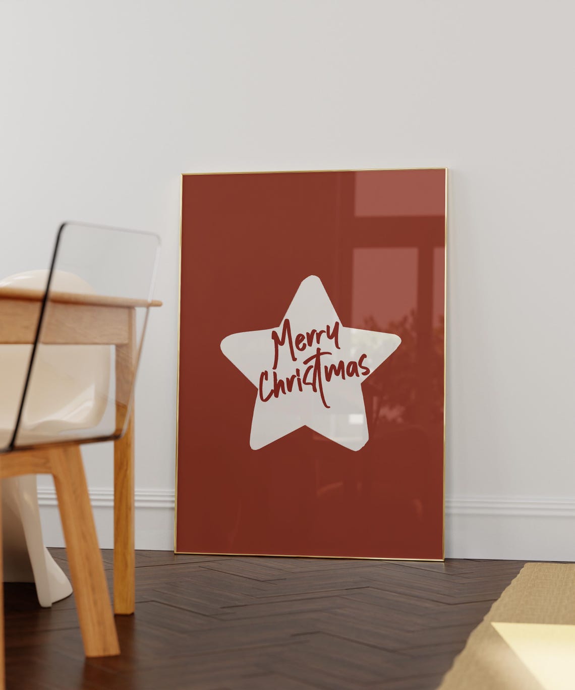 Merry Christmas Script on White Star Retro Red Holiday Poster