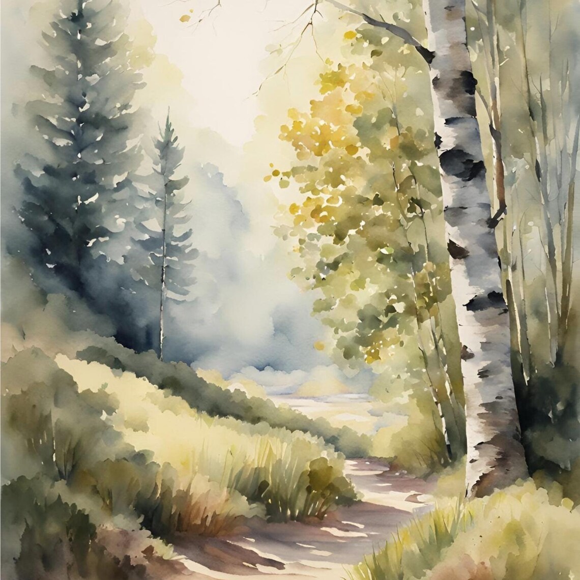 Aspen Tree Painting Forest Path Art Print