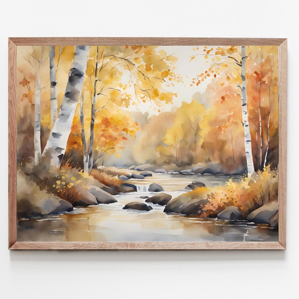 Fall Forest River Art Print, Autumn Watercolor