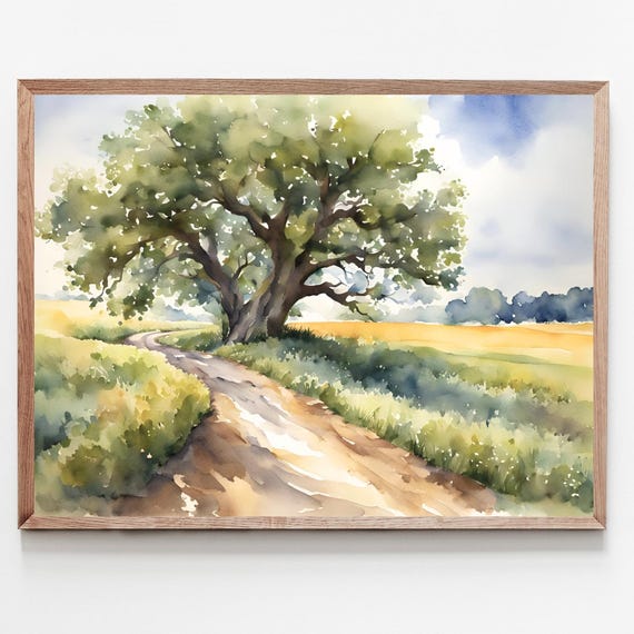Old Oak Tree Painting Field Road Art Print Watercolor Landscape Large Wall Countryside Artwork Farmhouse Decor
