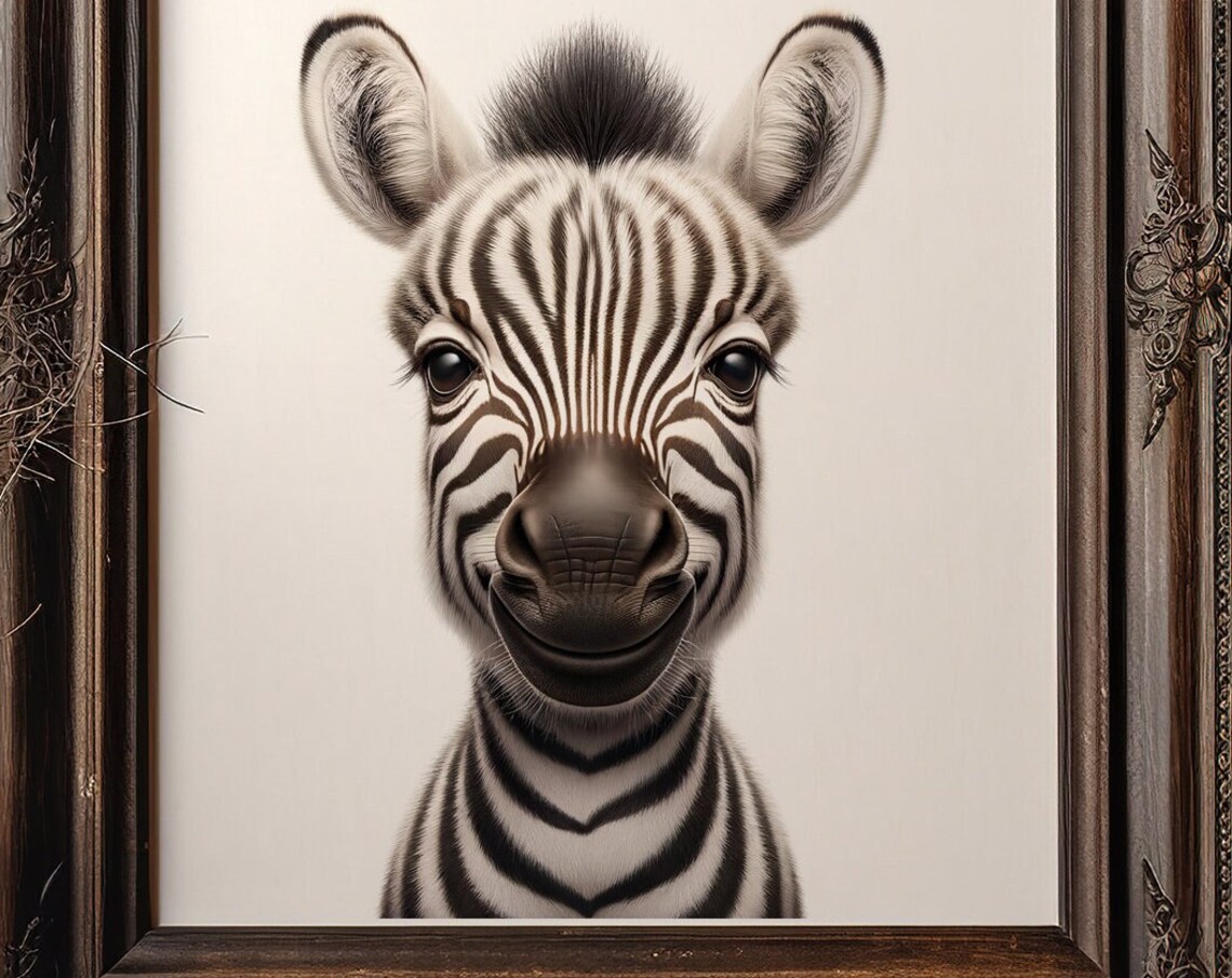 Baby Zebra Portrait Safari Animal Print Nursery Kids Room Black White Art - Image 2