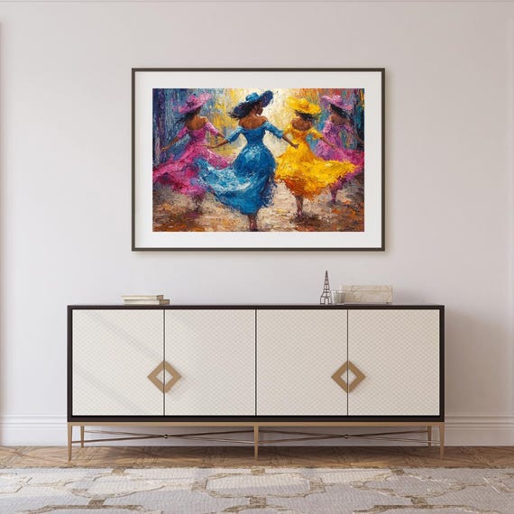 Elegant Women In Motion Vibrant Flowing Dresses Joyful Impressionist Dance Scene Wall Art