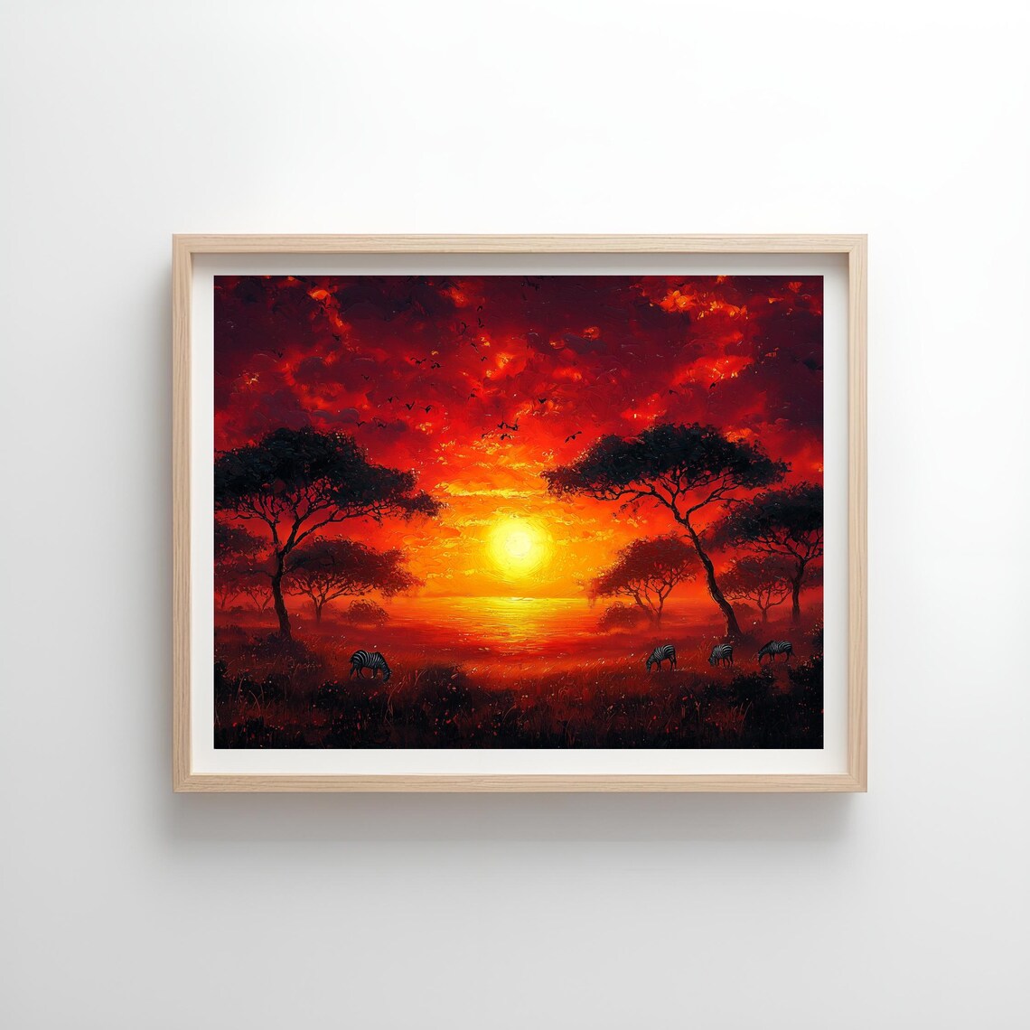 African Savannah Sunset Acacia Trees Grazing Zebras Warm Orange Travel Poster - Image 4