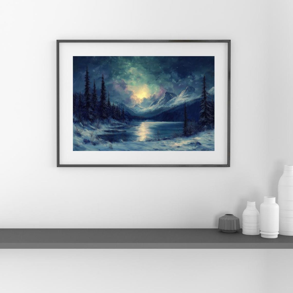 Winter Twilight Over Frozen Lake Snowy Mountain Landscape Wall Art Mystical Night Sky Decor - Image 3
