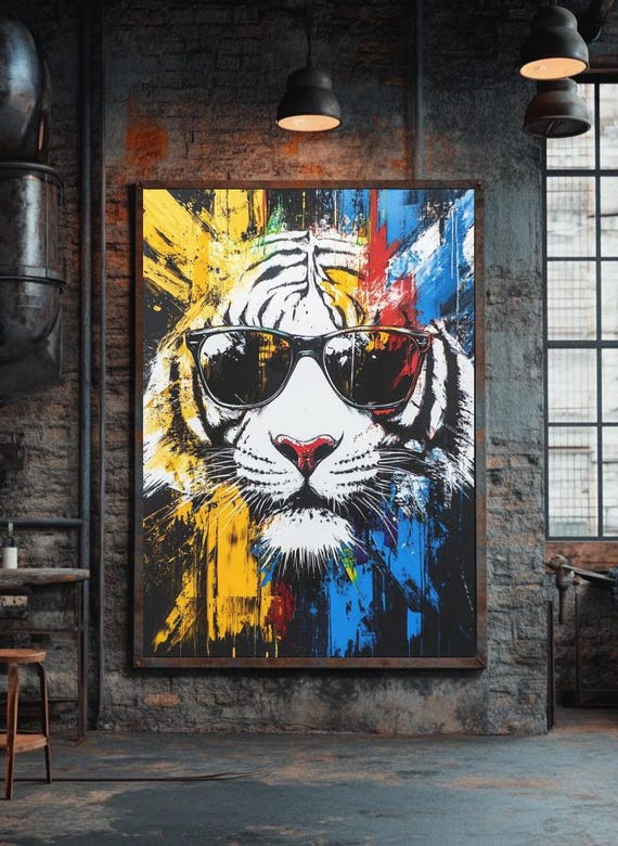 Cool Tiger Canvas Wall Art Funky Animal Print For Game Room Pop Poster Wildlife Decor With Shades Modern Luxury