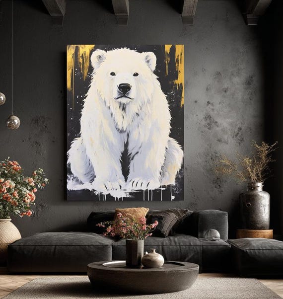 Polar Bear Canvas Art Black White Gold Arctic Wildlife