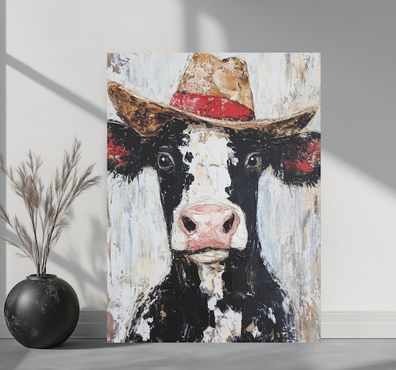 Funny Farm Animal Canvas Print Quirky Southwest Decor Cowboy Wall Art Farmhouse Whimsical Painting Modern Country