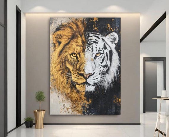 Lion Tiger Canvas Wall Art Jungle King Split Portrait Luxury Gold Wildlife Decor Bold Masculine Animal Print Extra Large Poster