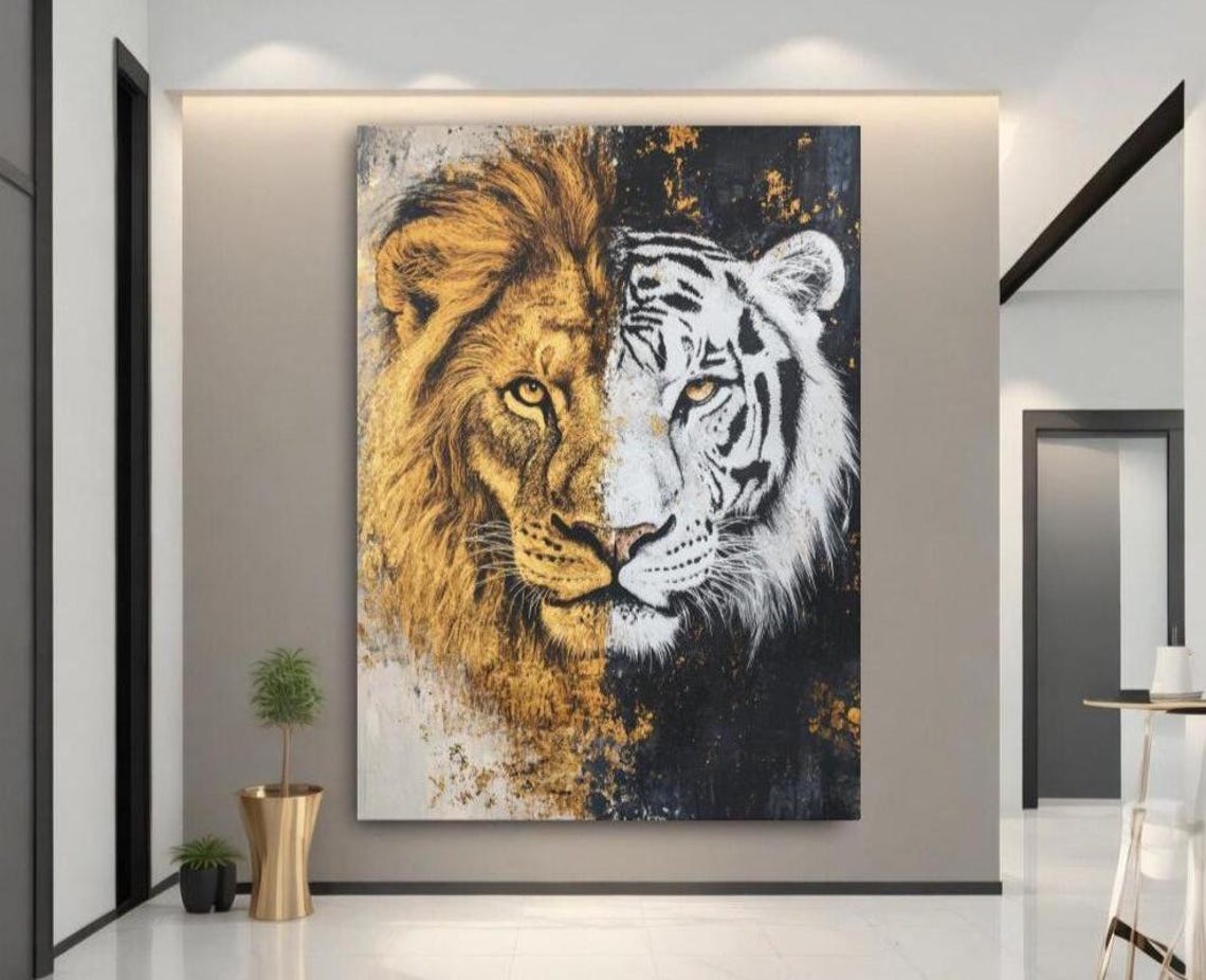 Dramatic Lion Tiger Split Portrait Gold Black Wildlife Art Poster