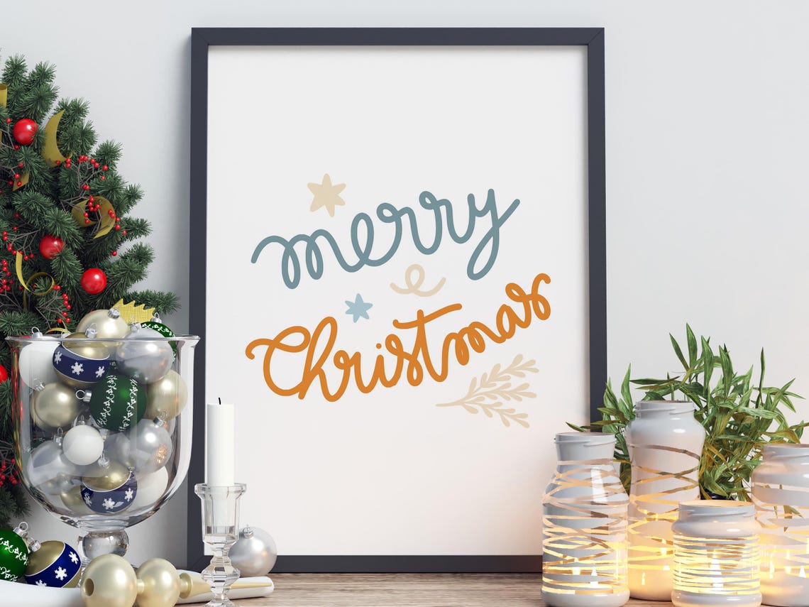 Merry Christmas Hand Lettered Festive Holiday Script Art Poster