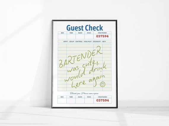 Guest Check Print Retro Bar Cart Decor Bartender Was Cute Trendy Receipt Wall Art Room Poster Kitchen Pub