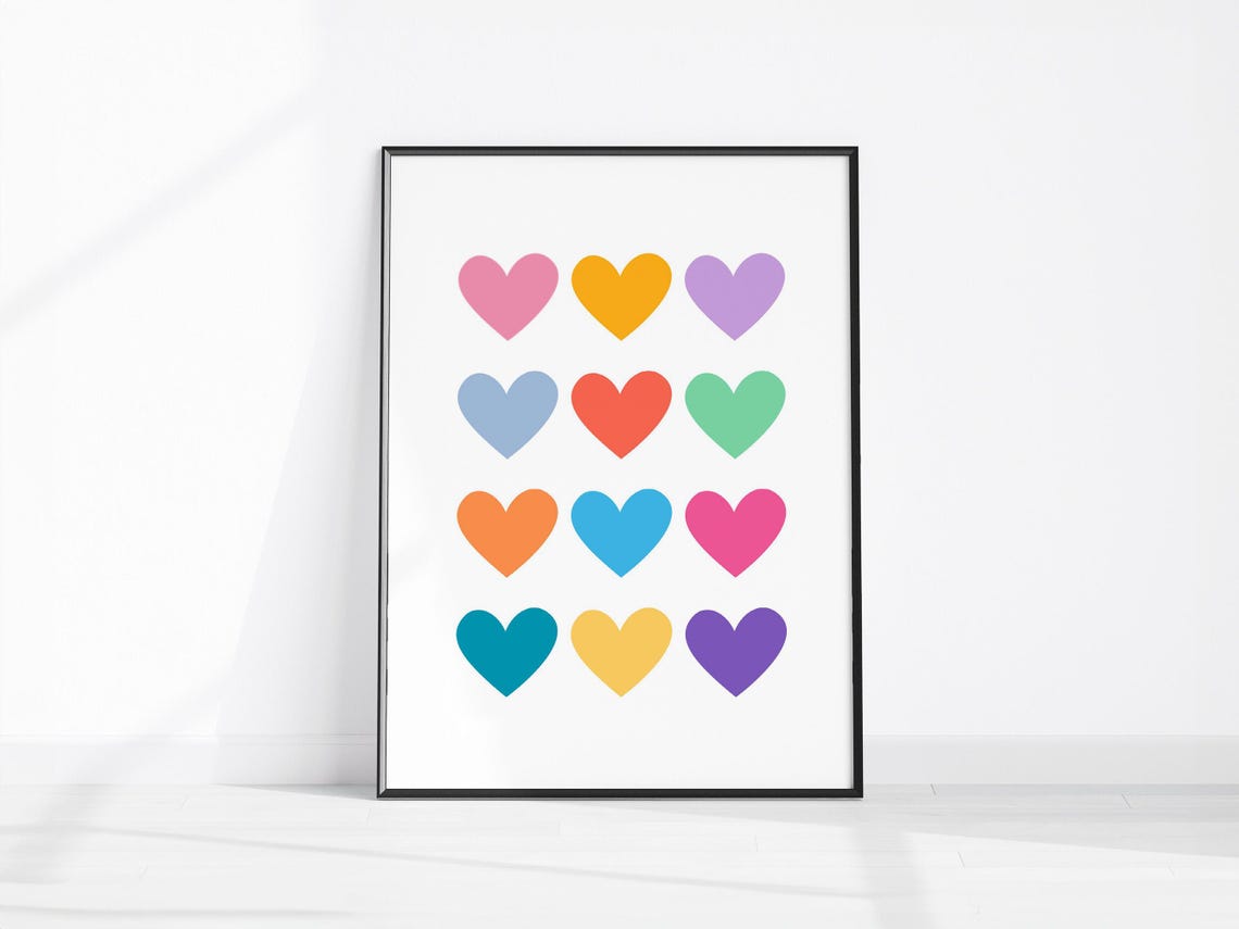 Colorful Hearts Grid Bright Playful Modern Kids Room Wall Art