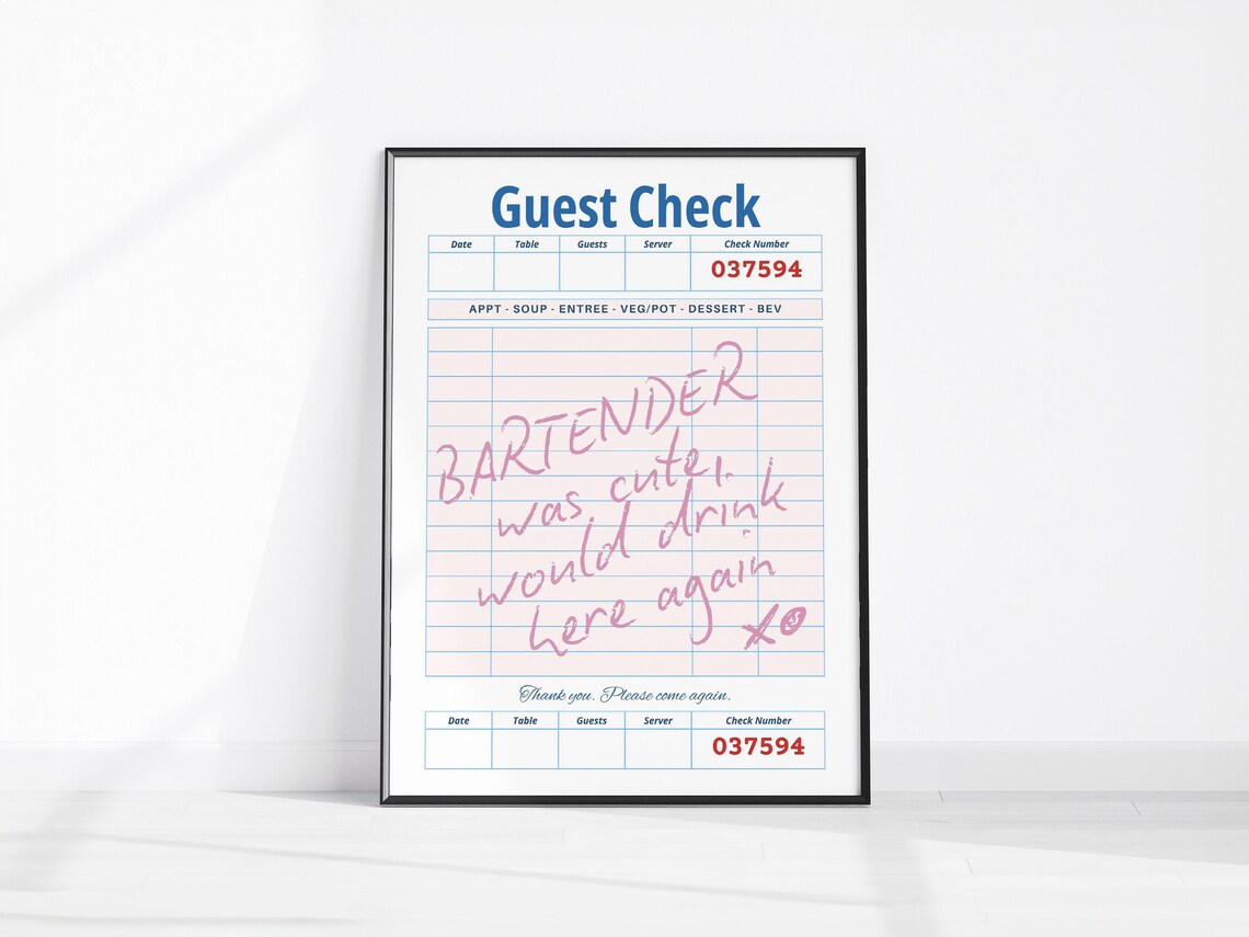 Vintage Guest Check Bartender Was Cute Retro Bar Cart Poster