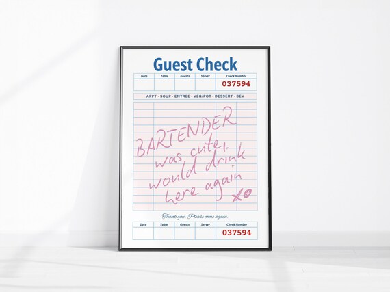 Bartender Was Cute Would Drink Here Again Retro Bar Cart Print Funny Guest Check Wall Art Trendy Typography Poster Gifts