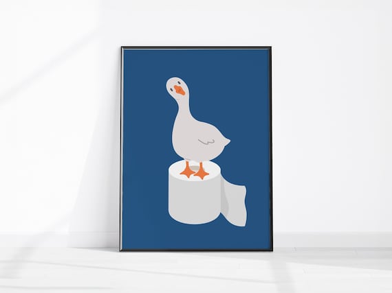 Silly Goose Standing On Toilet Paper Roll Navy Blue Funny Bathroom Poster