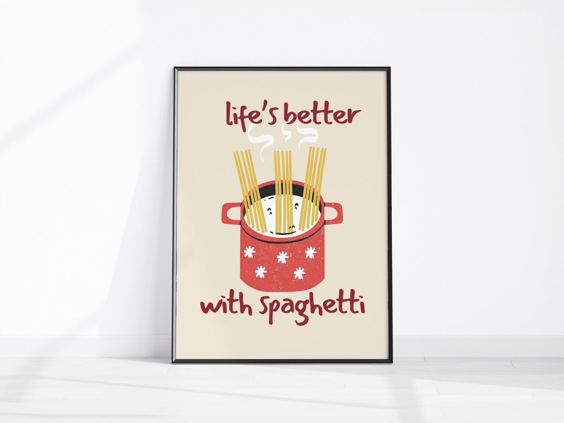 Lifes Better With Spaghetti Retro Red Pot Pasta Kitchen Poster