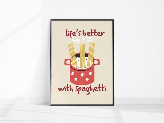 Lifes Better With Spaghetti Retro Red Pot Pasta Kitchen Poster