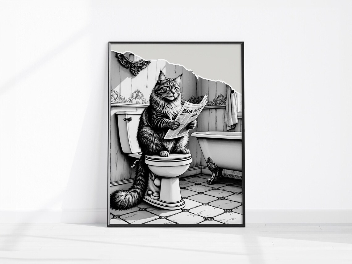 Funny Cat On Toilet Reading Newspaper Vintage Bathroom Humor Poster