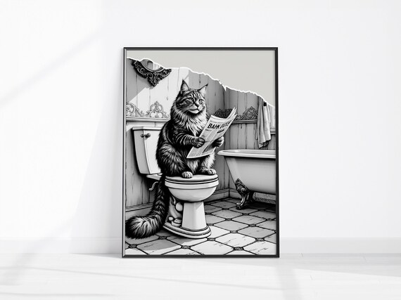 Funny Cat On Toilet Reading Newspaper Vintage Bathroom Humor Poster