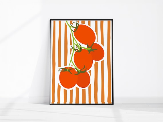Tomato Art Print Tomatoes And Stripes Trendy Wall Kitchen Decor Cute Modern Home Red Poster