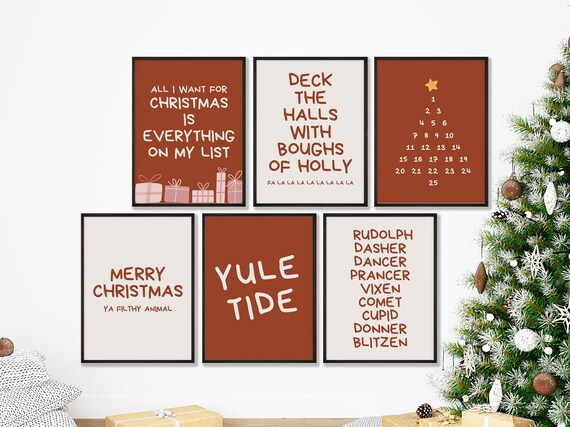 Funny Christmas Quote Posters Set of 6 Red Minimalist Wall Poster