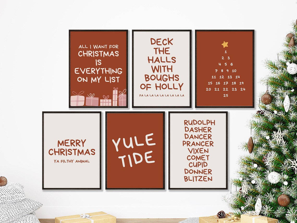 Funny Christmas Quote Posters Set of 6 Red Minimalist Wall Poster