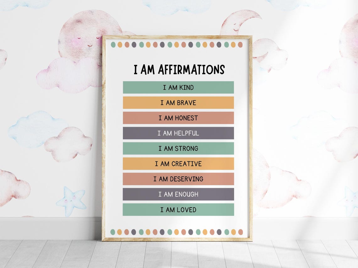 I Am Affirmations Kids Positive Poster for Classroom Playroom Decor