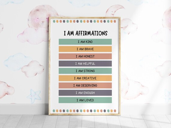 I Am Affirmations Kids Positive Poster for Classroom Playroom Decor