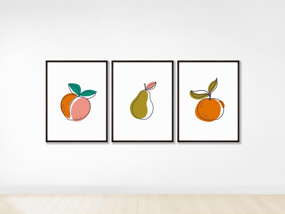 Fruit Art Set of 3 Peach Pear Orange Minimalist Kitchen Wall Art