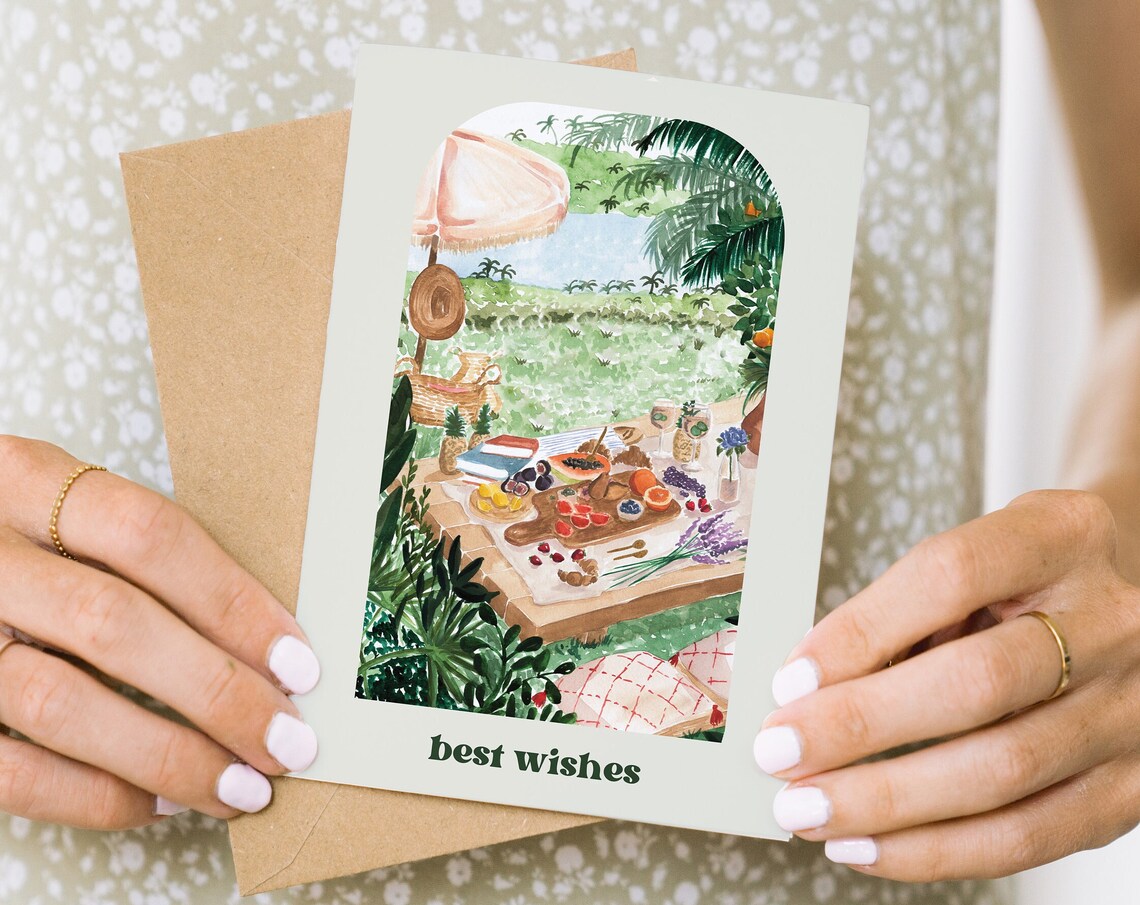 Best Wishes Tropical Picnic Lakeside Greeting Card Watercolor Print - Image 3