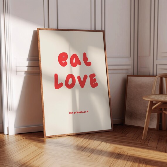 Eat Love For Breakfast Red Retro Typography Cheerful Kitchen Poster