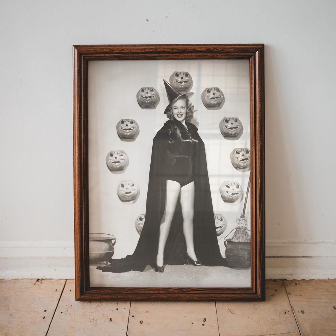 Vintage Witch Halloween Pin-Up Black White Retro Spooky Photo Poster