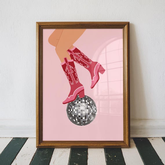 Disco Ball Cowgirl Boots Wall Art Western Poster Print Trendy Decor Apartment Pink Home Dorm Room