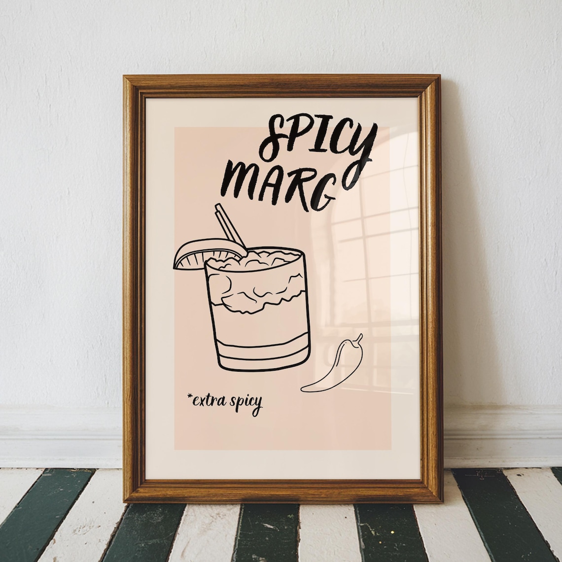 Spicy Margarita Line Art Retro Cocktail Illustration Bar Cart Kitchen Poster