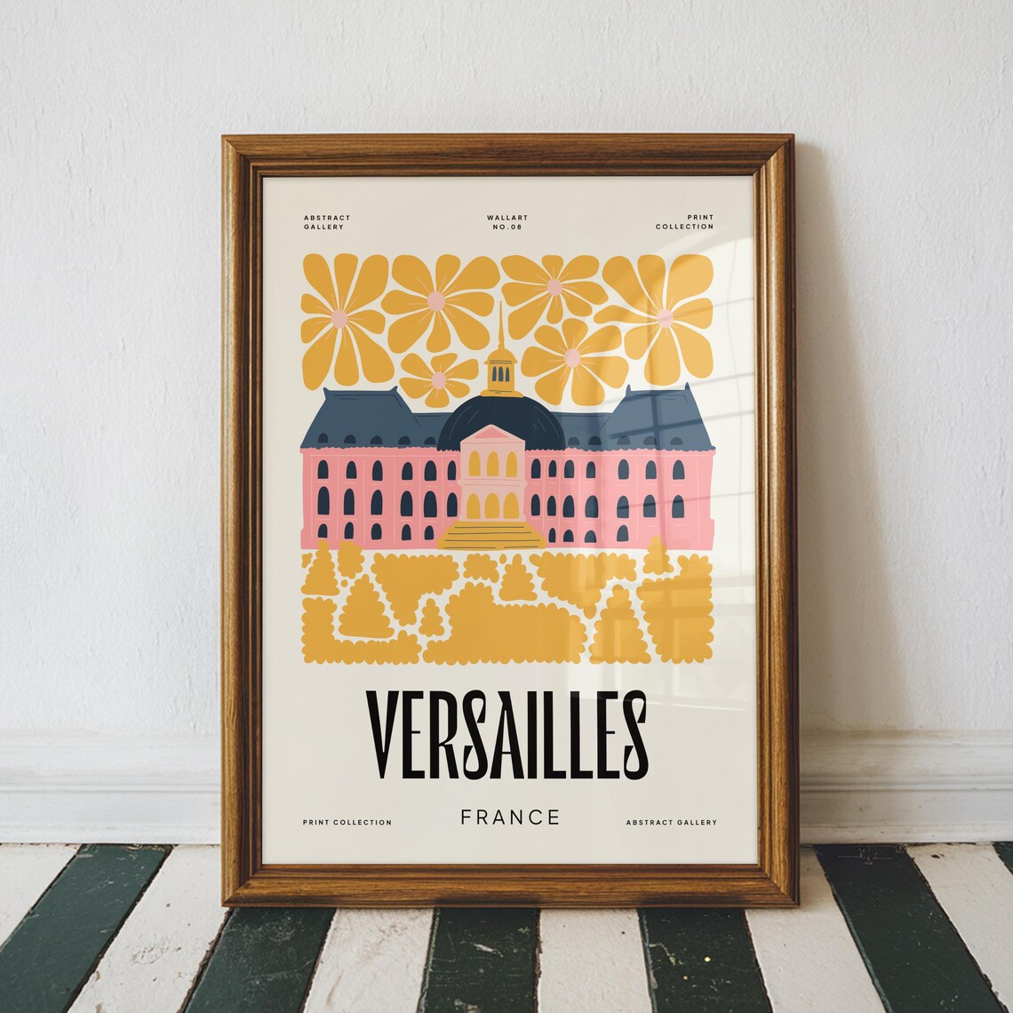 Palace of Versailles France Yellow Floral Retro Travel Poster