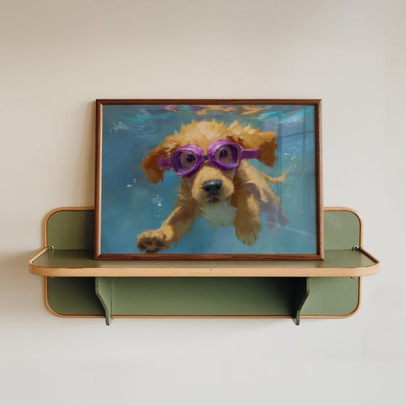 Cute Dog Wall Art Swimming Golden Retriever Puppy Print Animal Lover Gift Veterinarian Decor Parent