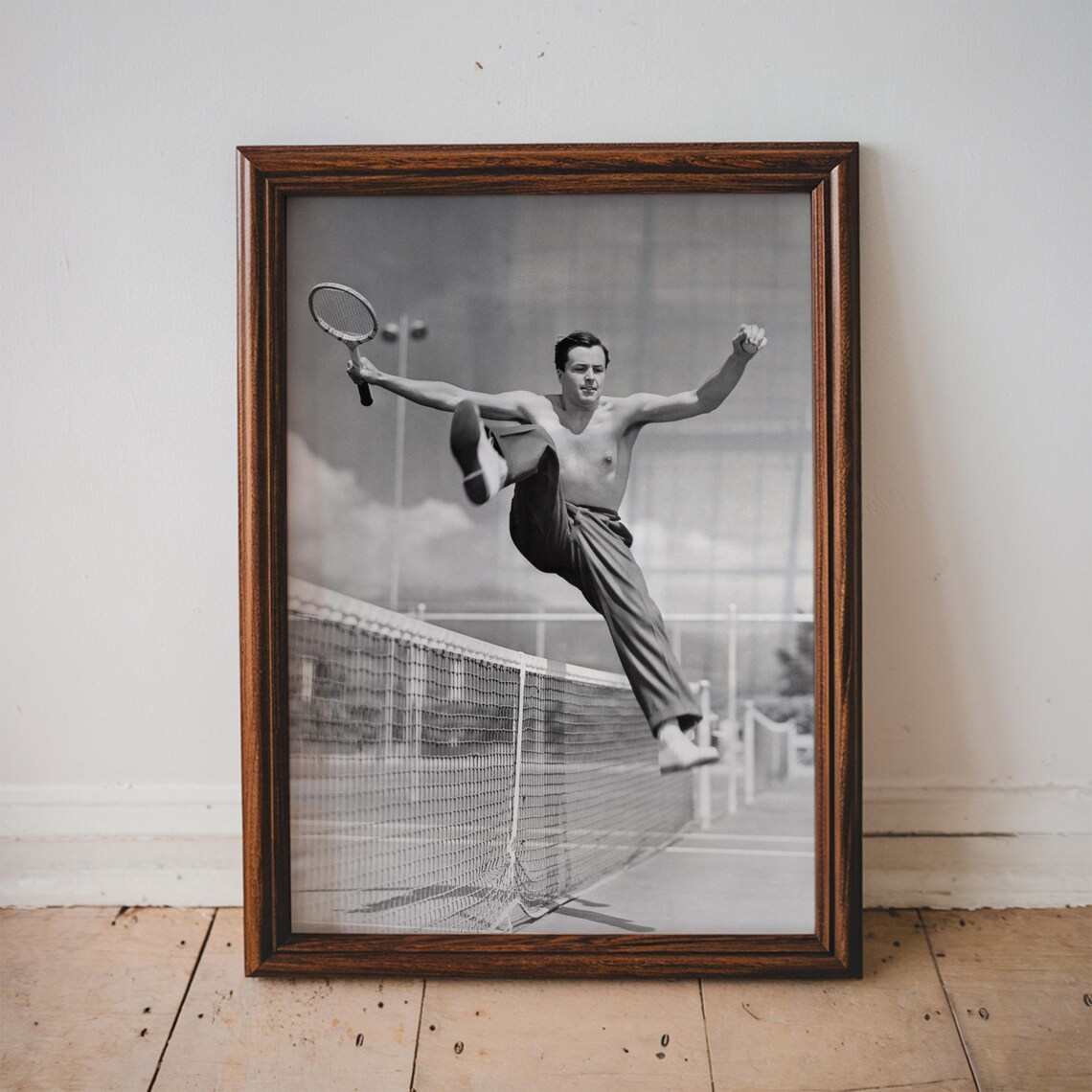 Shirtless Man Leaping Over Tennis Net Vintage Black and White Sports Poster