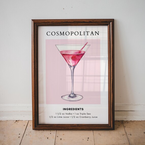 Cosmopolitan Cocktail Recipe Watercolor Pink Martini Bar Wall Poster