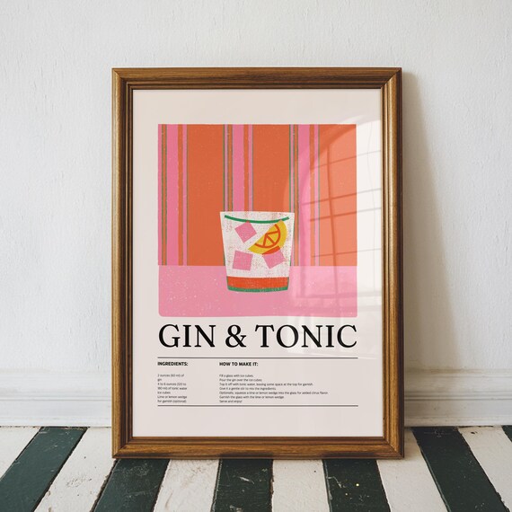 Gin and Tonic Cocktail Recipe Pop Art Kitchen Bar Decor Poster