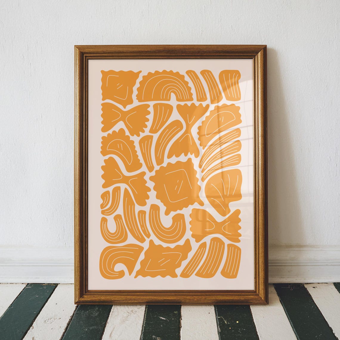 Orange Pasta Shapes Pattern Retro Kitchen Food Illustration Print