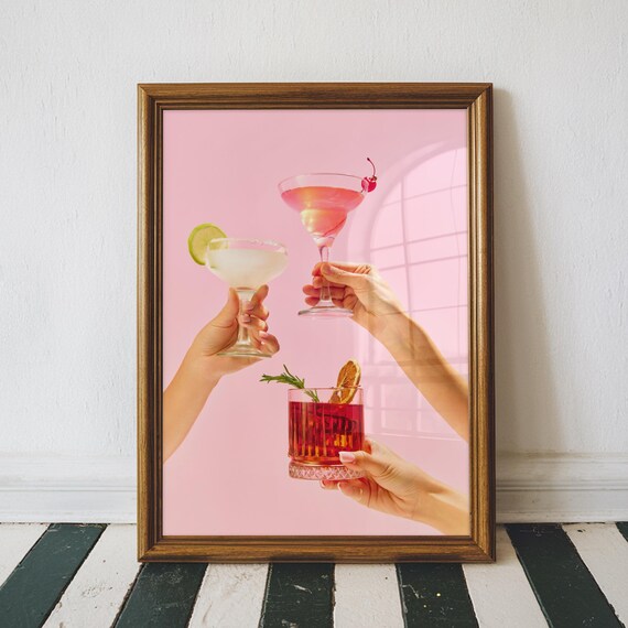 Cheers Cocktail Hands Clinking Colorful Drinks Pink Bar Cart Wall Poster