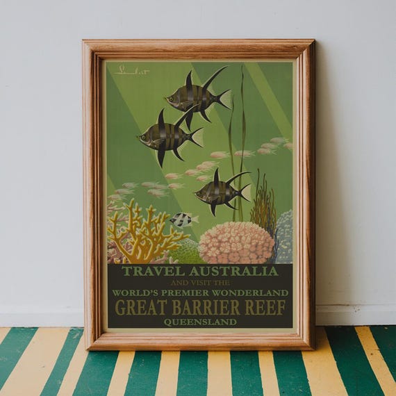 Vintage Travel Poster Great Barrier Reef Wall Art Australia Print Retro Decor House Prints