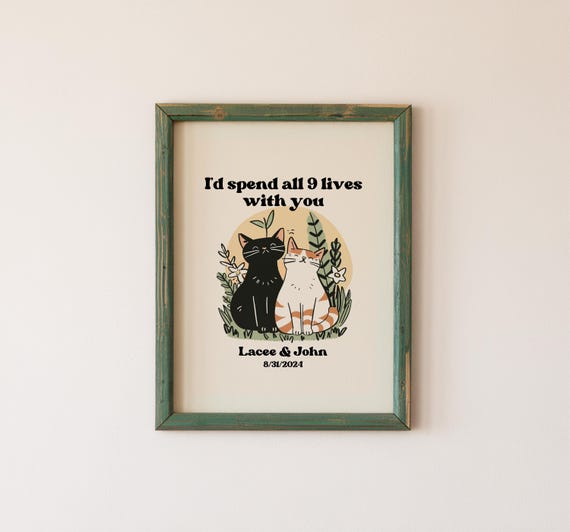 Personalized Couple Print Custom Cat Illustration Anniversary Engagement Wedding Cute Retro Wall Decor Unframed