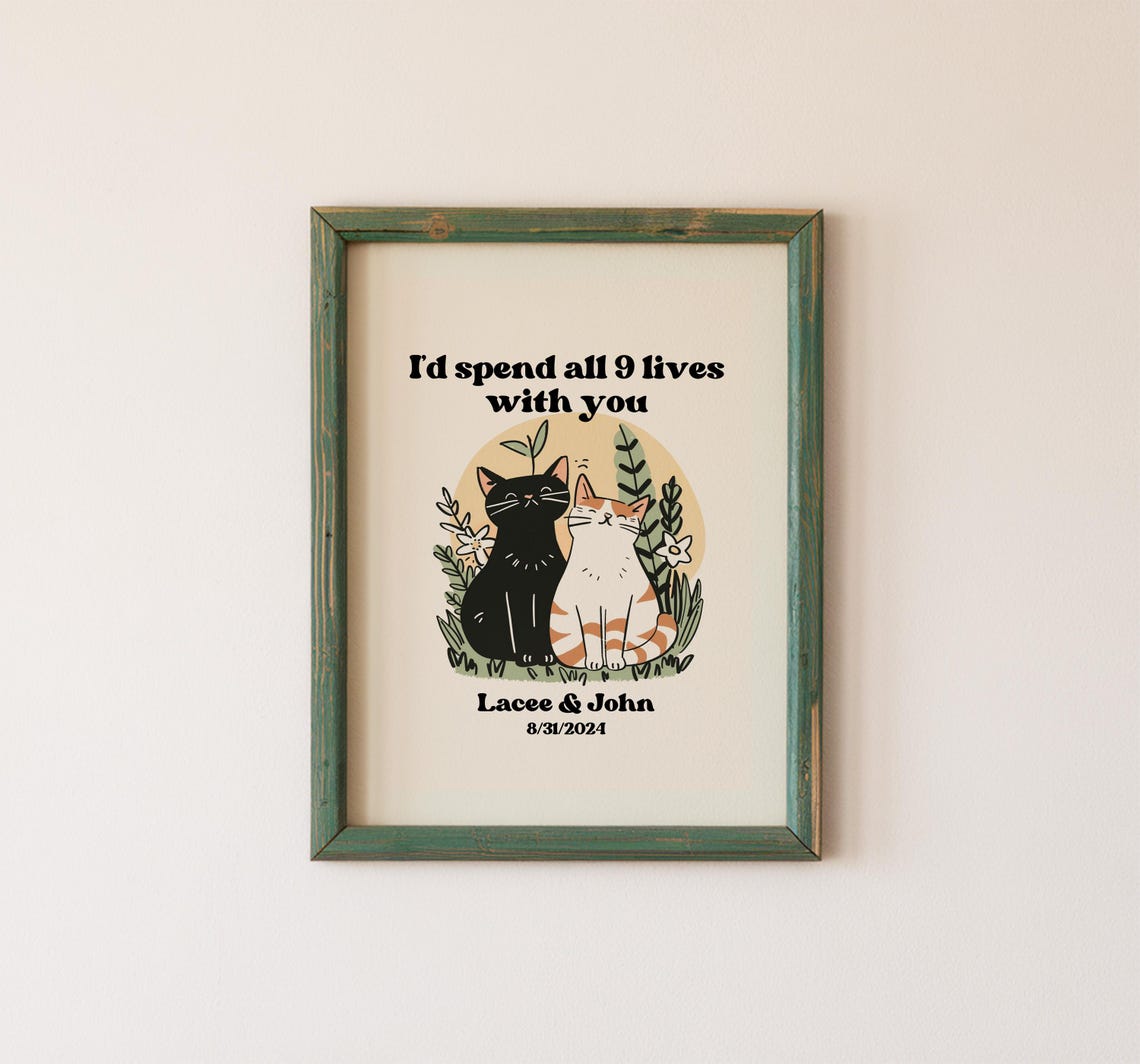 Personalized Couple Print Custom Cat Illustration Anniversary Engagement Wedding Cute Retro Wall Decor Unframed