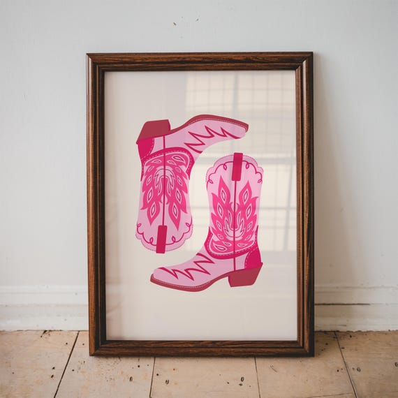 Pink Cowgirl Boots Print Trendy Decor Apartment Wall Art Home Western Funny